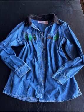 Basic Editions Holiday Small Blue Cotton Christmas Denim Shirt 